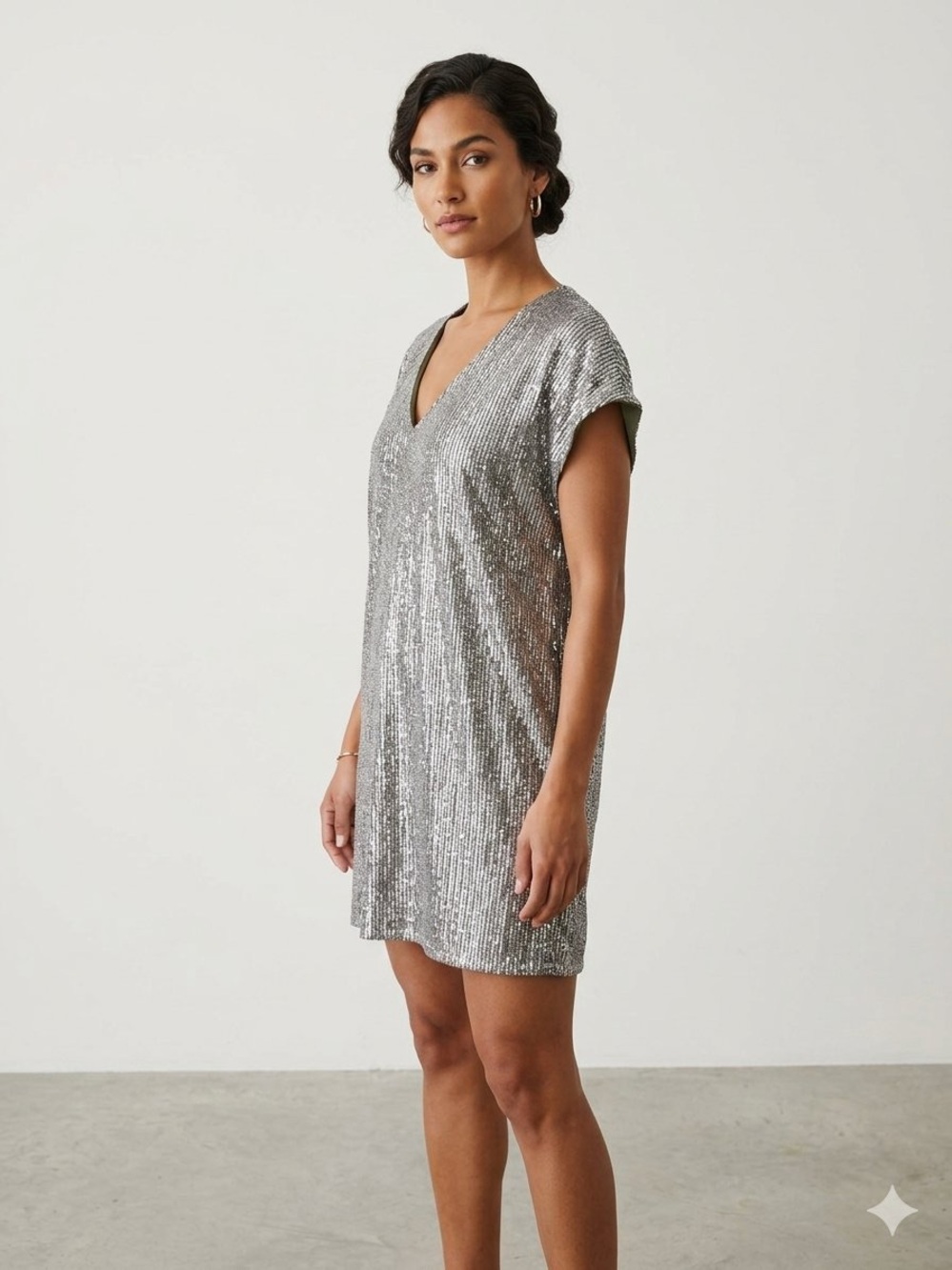 By Together Silver Sequin V-Neck Mini Dress